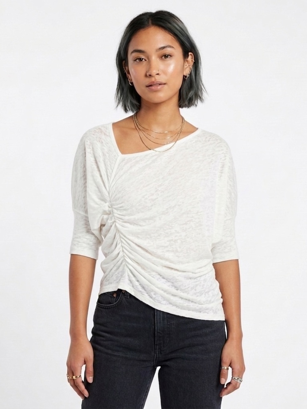 David Lerner White Ruched Asymmetric Draped‎ Tunic XS
